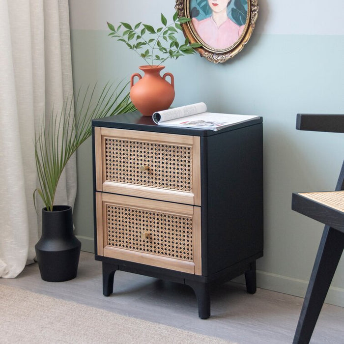 Black Finish Cane Bedside Table - Afday