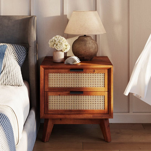 Rattan Double Drawer Bedside Table - Afday